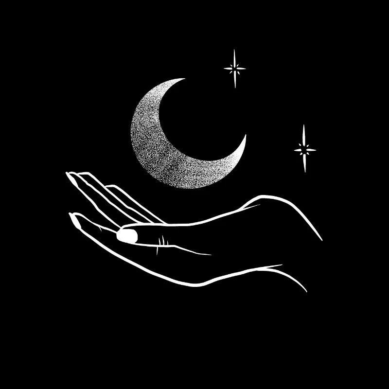 Lune dans la main, dessin style tattoo dotwork