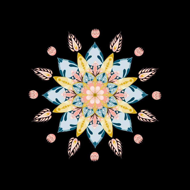 Mandala en bleu clair, rose et jaune