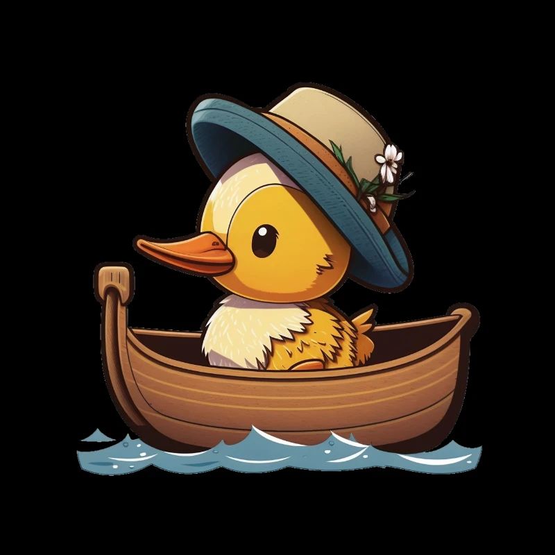 Canard mignon en bateau à rames avec chapeau d’été et fleur