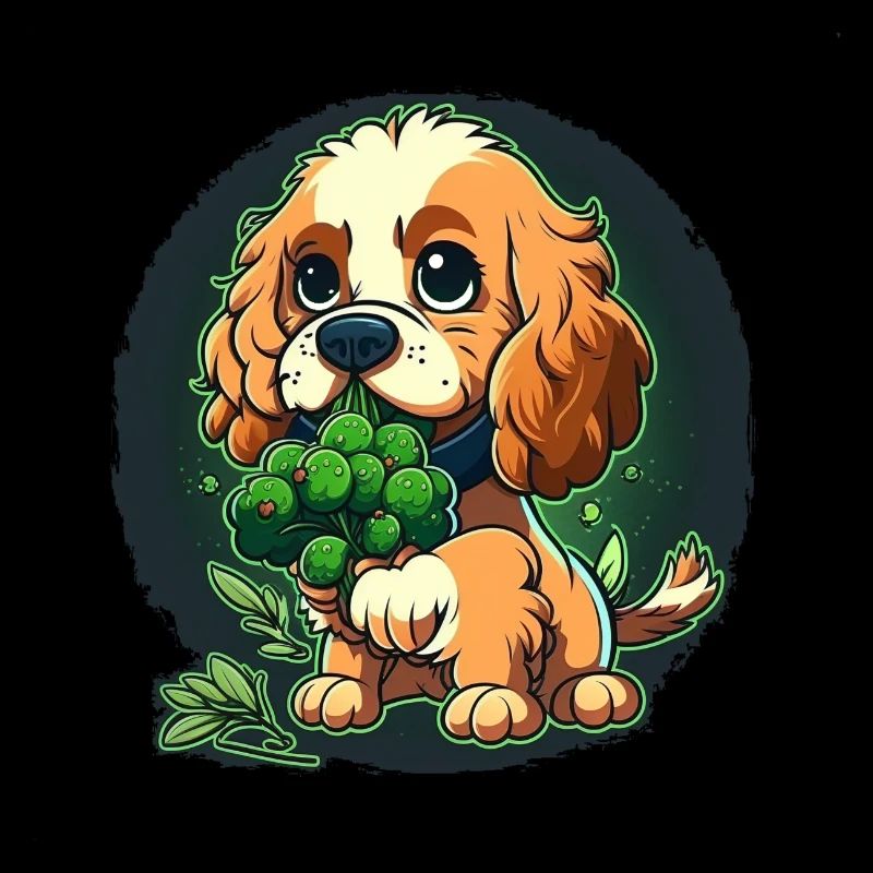 Cute dog eats green broccoli green vegetables