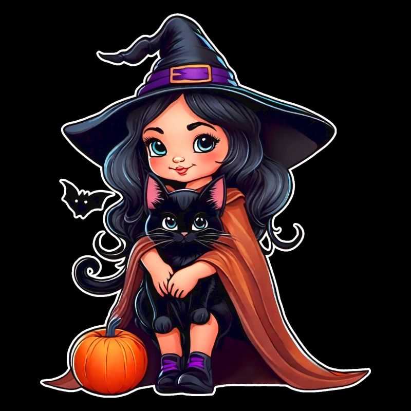 Sorcière mignonne avec chat noir et citrouille