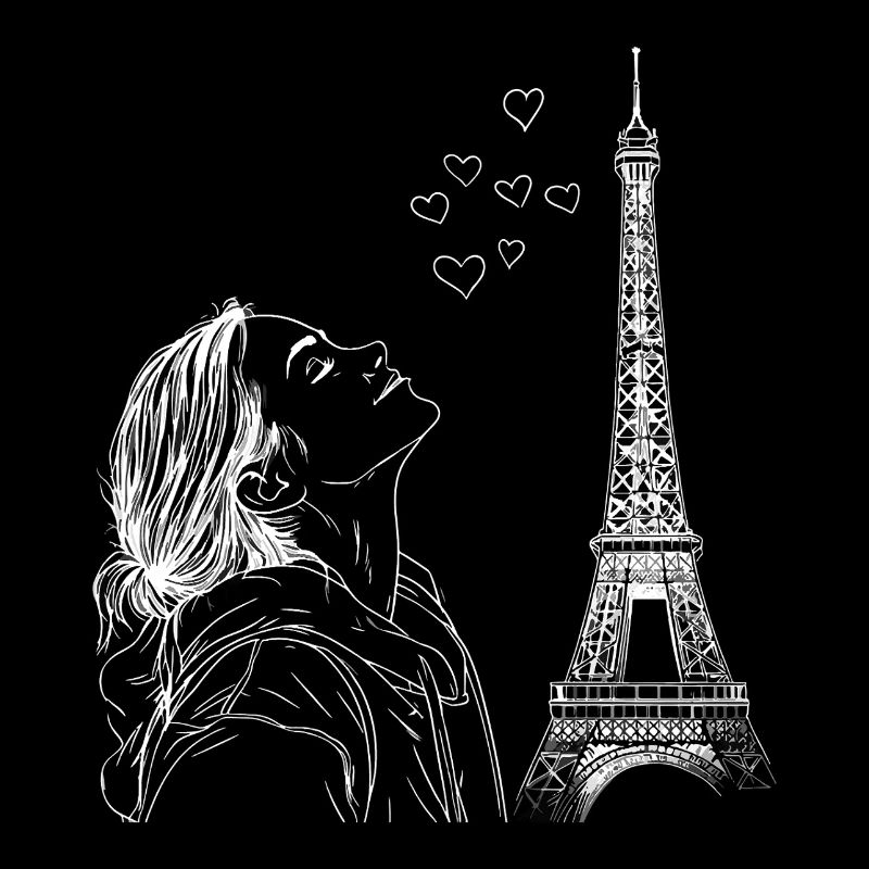 Paris Eiffel Tower France Woman Hearts Line Art
