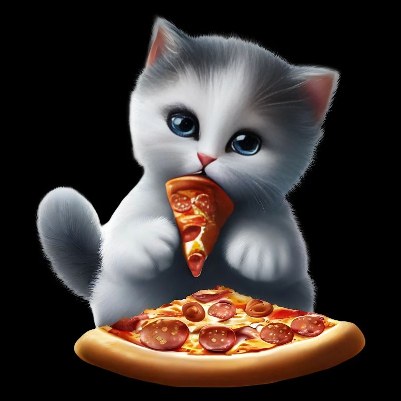 Le chat mange une pizza