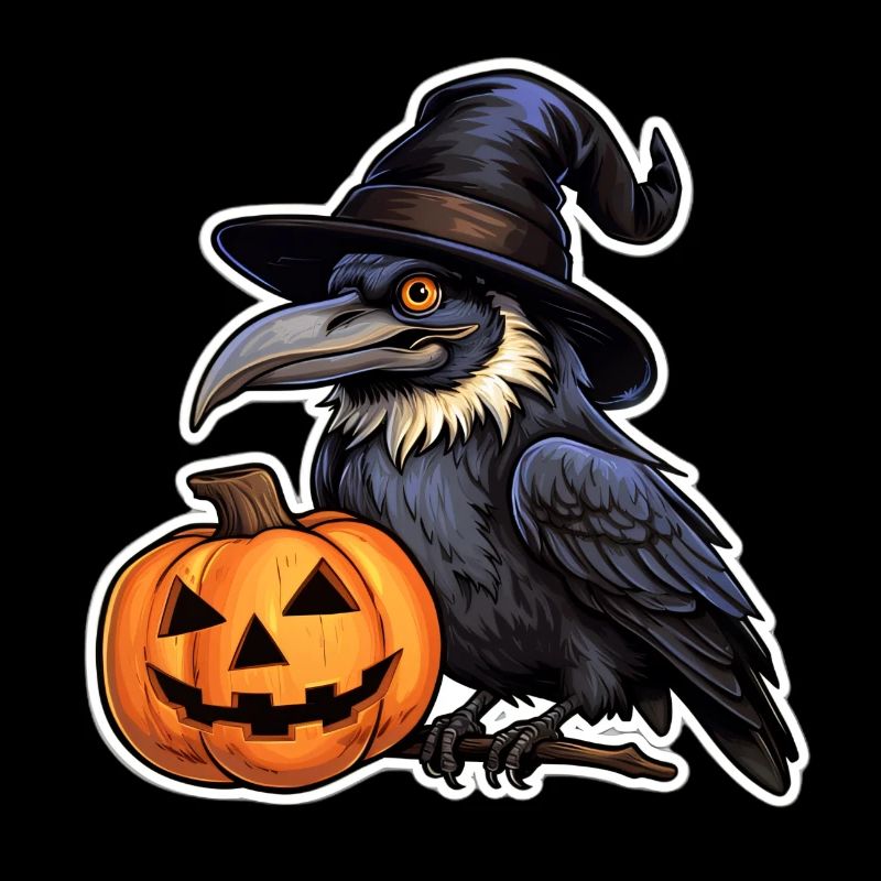 Halloween raven with witch hat on pumpkin