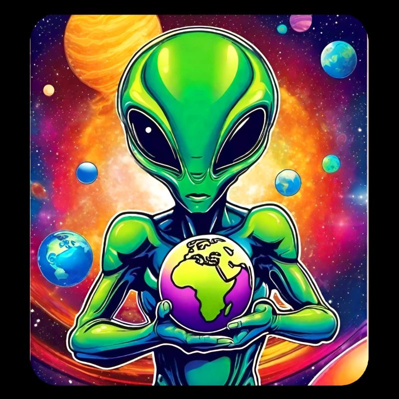Cooler Alien mit Planet in den Händen