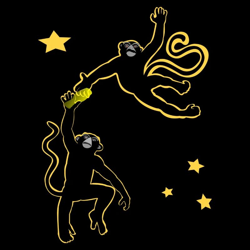 Two monkeys swinging a beer