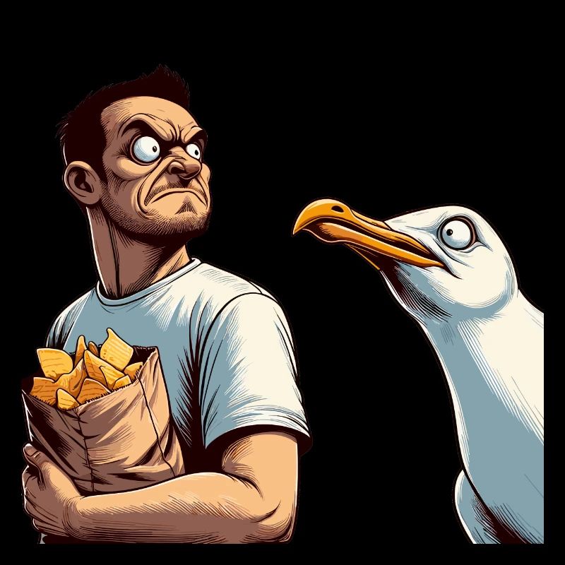 Duell Mann mit Chips gegen Möwe