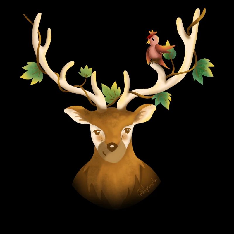 Hirsch oder Waldrentier mit Vogel und Efeu