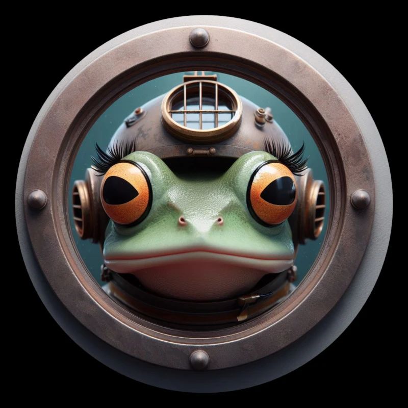 Frog with diving helmet looking through porthole