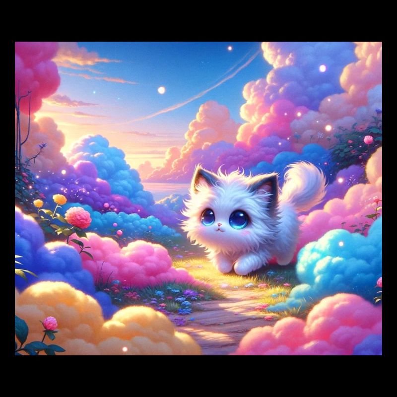 Un chat d’anime mignon dans un jardin de nuages coloré