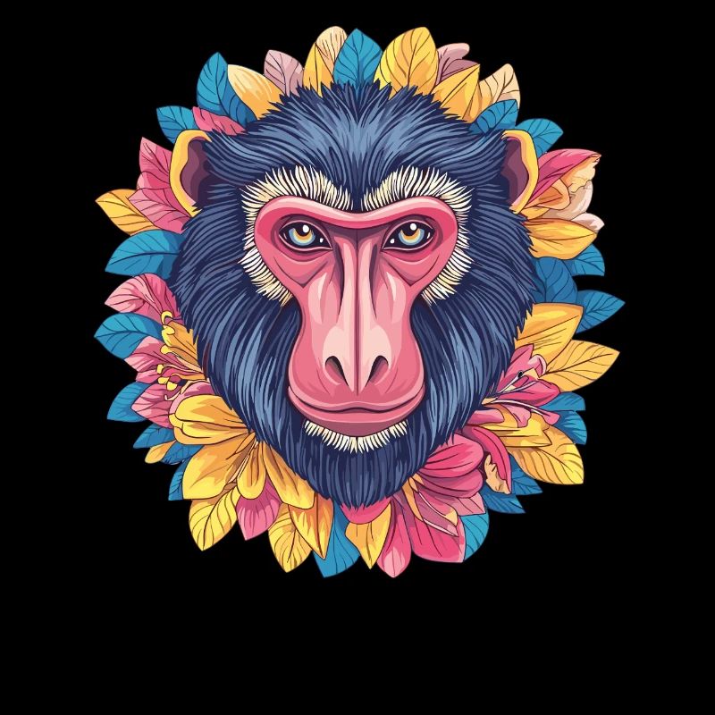 Mandrill mit Blumenkranz