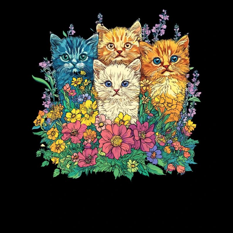Chats colorés dans une mer de fleurs