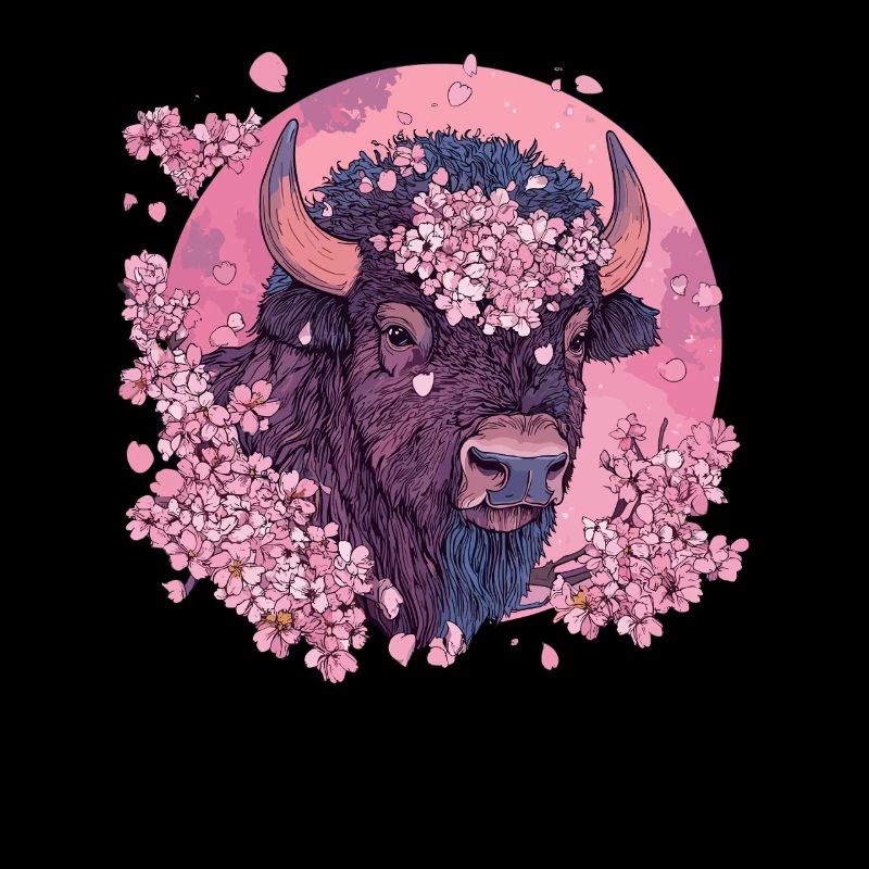 Bison mit Kirschblütenkranz