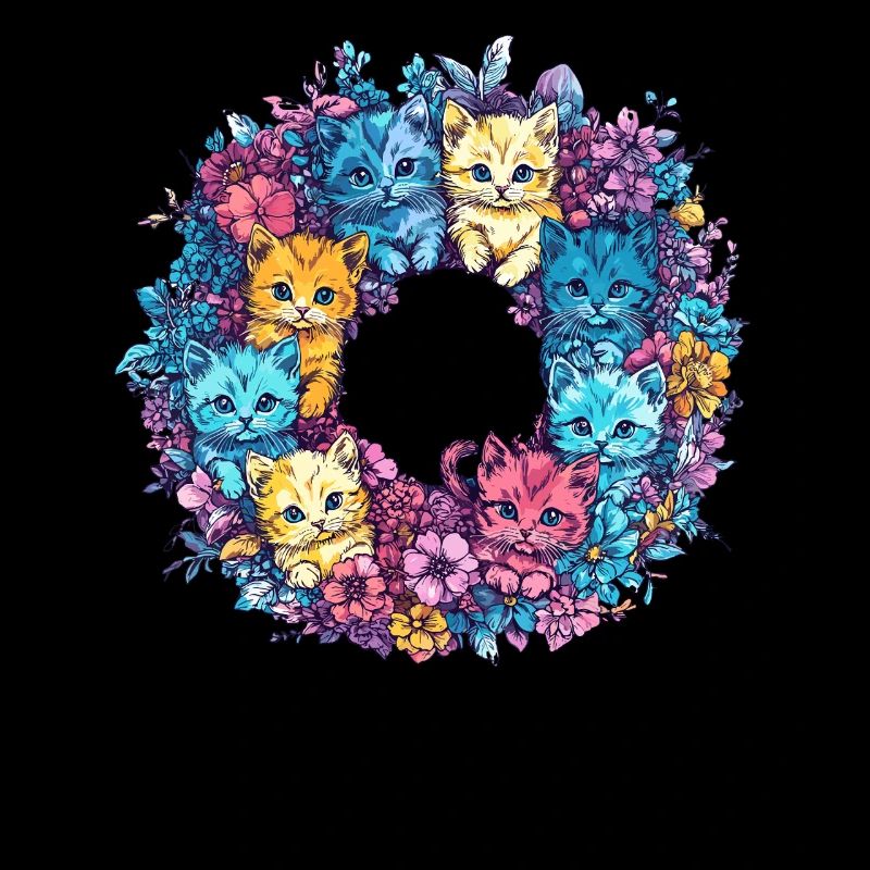 Chats colorés dans une couronne de fleurs