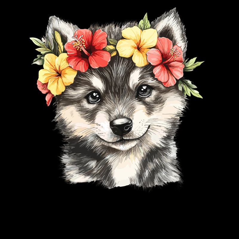 Chiot husky avec des fleurs