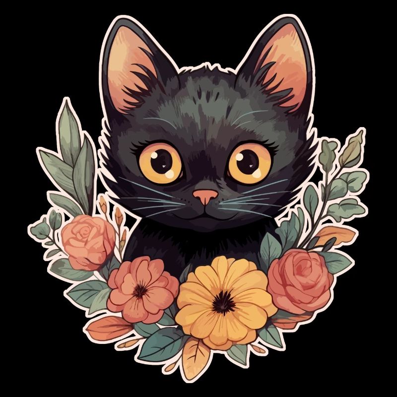 Schwarze Katze Blumen Kinder Comic Katzen Fan