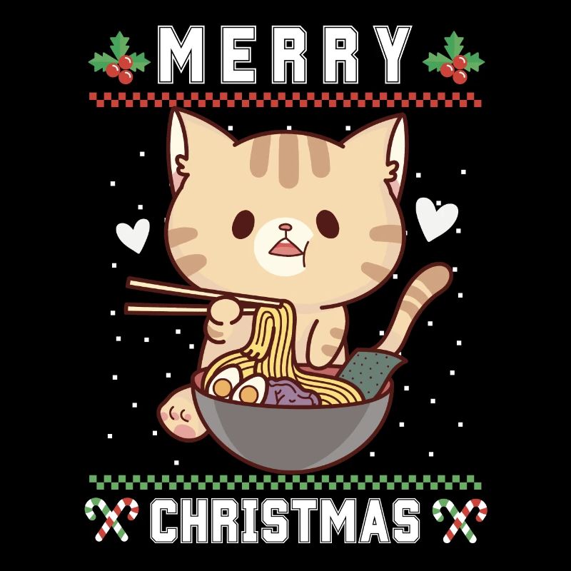 Chat d’anime kawaii mignon avec Ramen Noël laid