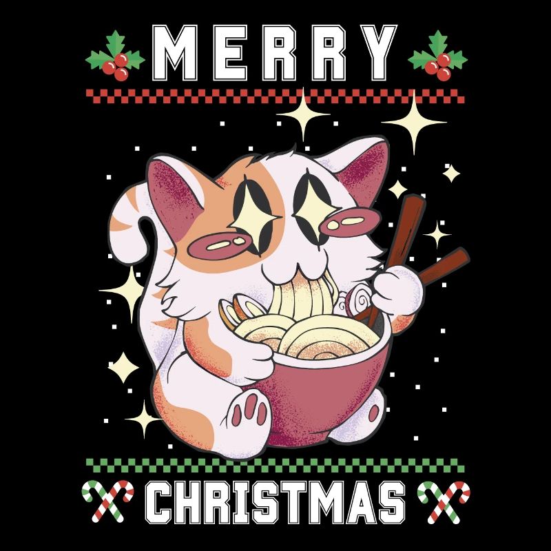 Chat d’anime kawaii mignon avec Ramen Noël laid