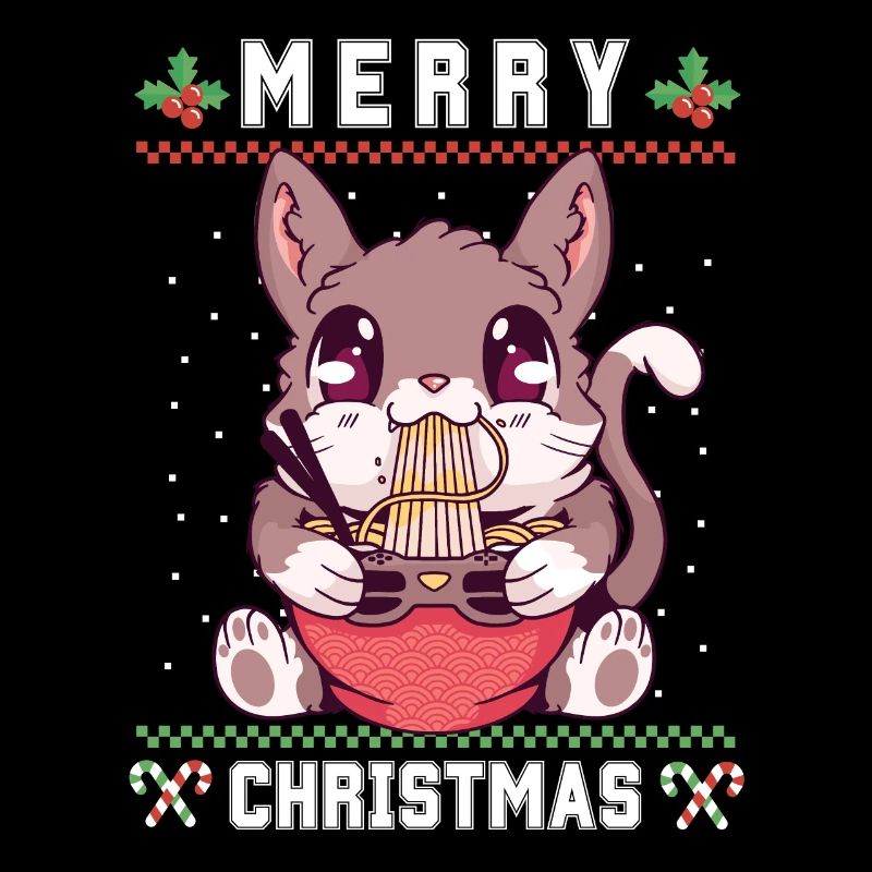 Chat d’anime kawaii mignon avec Ramen Noël laid