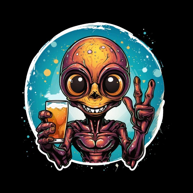 Alien drinks a beer and rejoices.