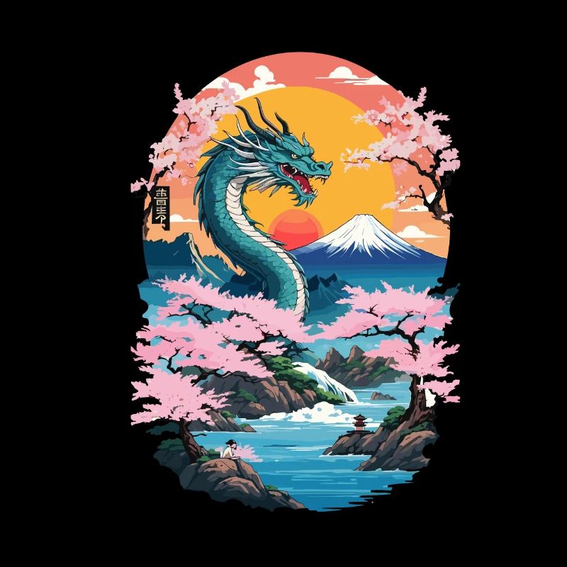 Cherry Blossoms Ukiyo-E Art Dragon Anime