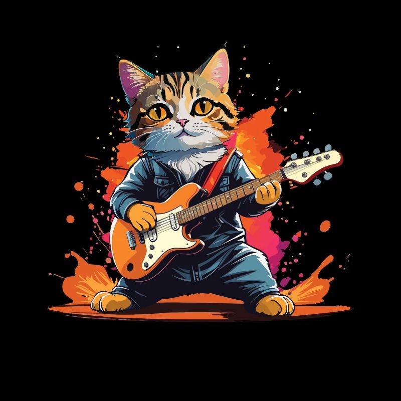 Chat De Dessin Animé Joue Des Instruments De Guitare Rock Mignon