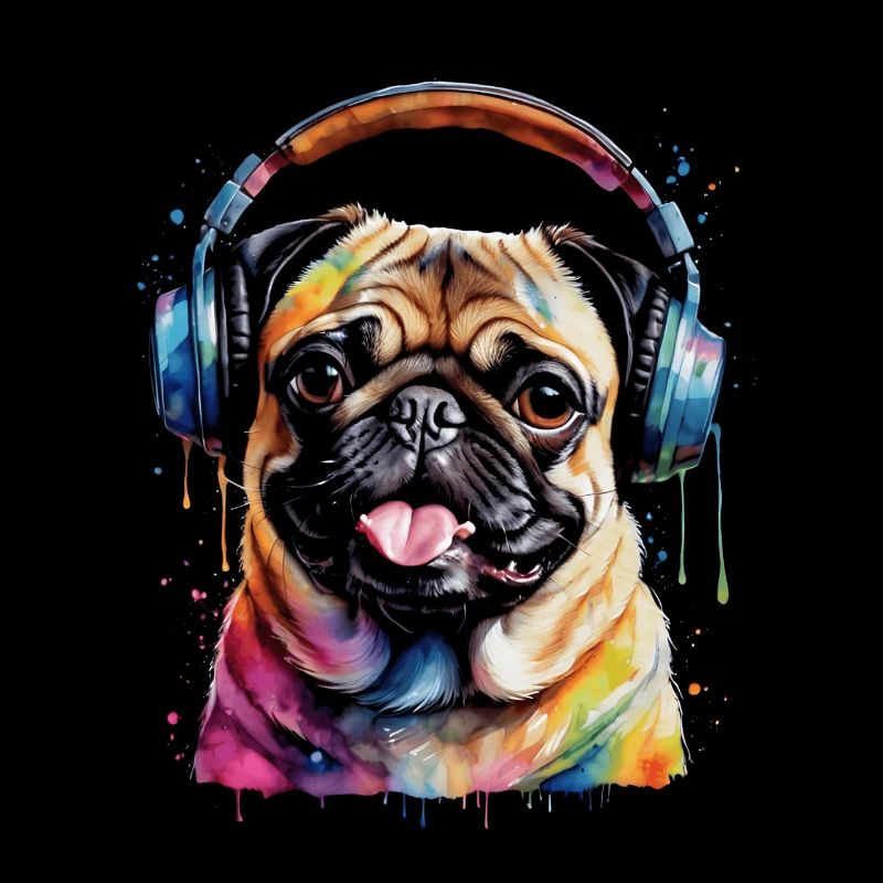 Mops Kopfhörer Hund Bunt Lustig Tier Design Print