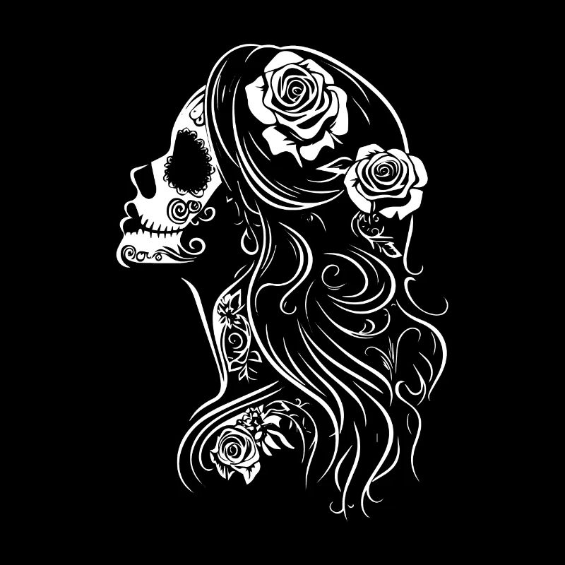 La Catrina Skull Side View with Roses