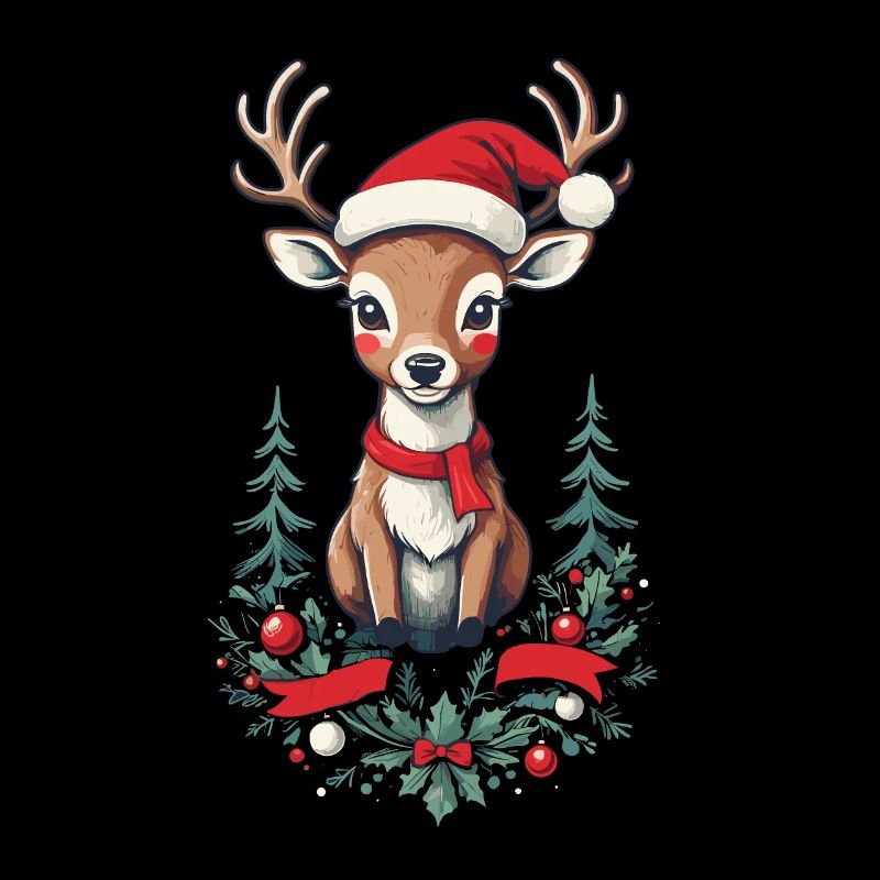 Renne avec chapeau et couronne de Noël