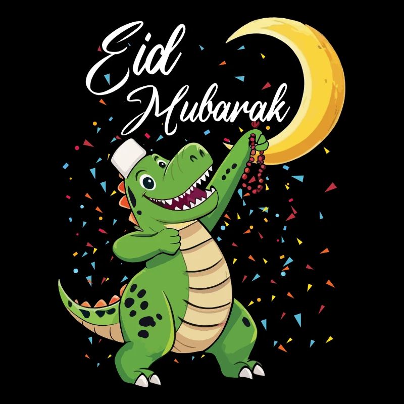 Eid Mubarak Dinosaur with Crescent Moon and Confetti