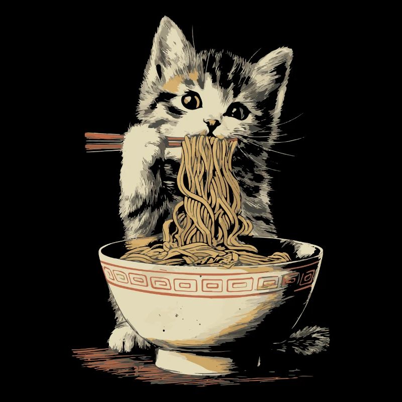Chat mignon mangeant des ramen - conception de nouilles amusante