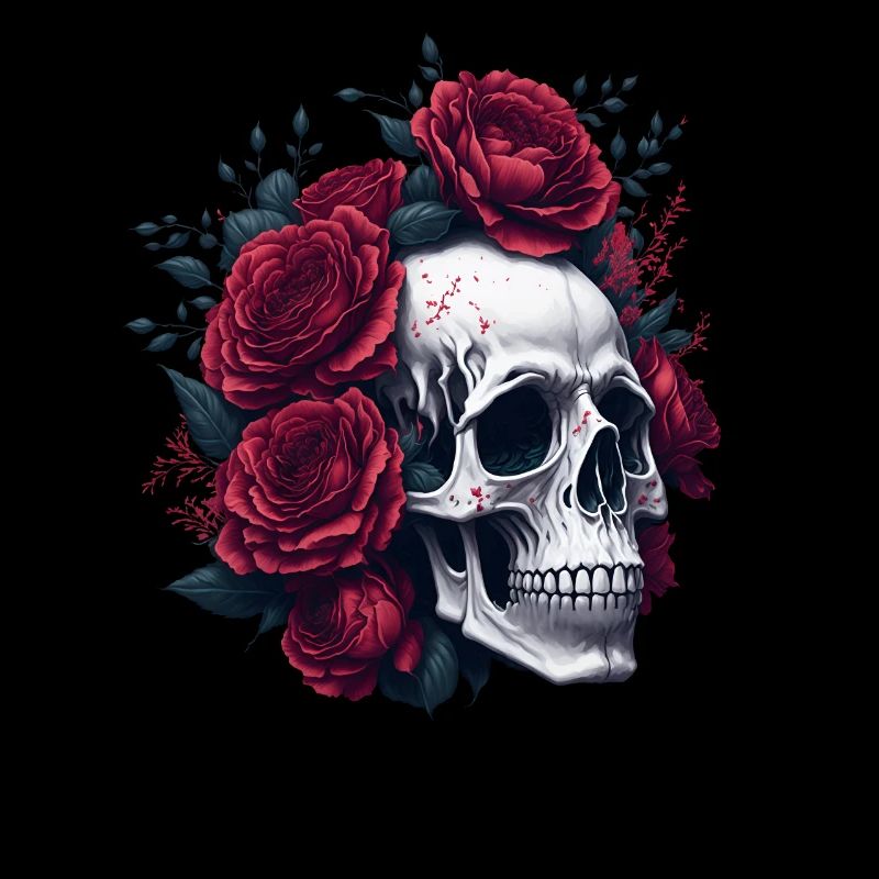 Skull and Roses Red Flowers Gothic