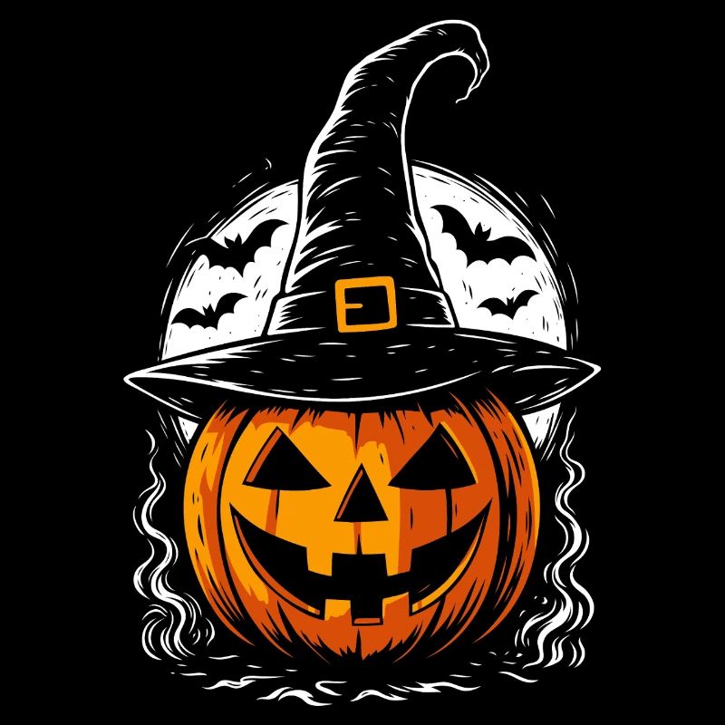 Spooky pumpkin with witch hat & full moon