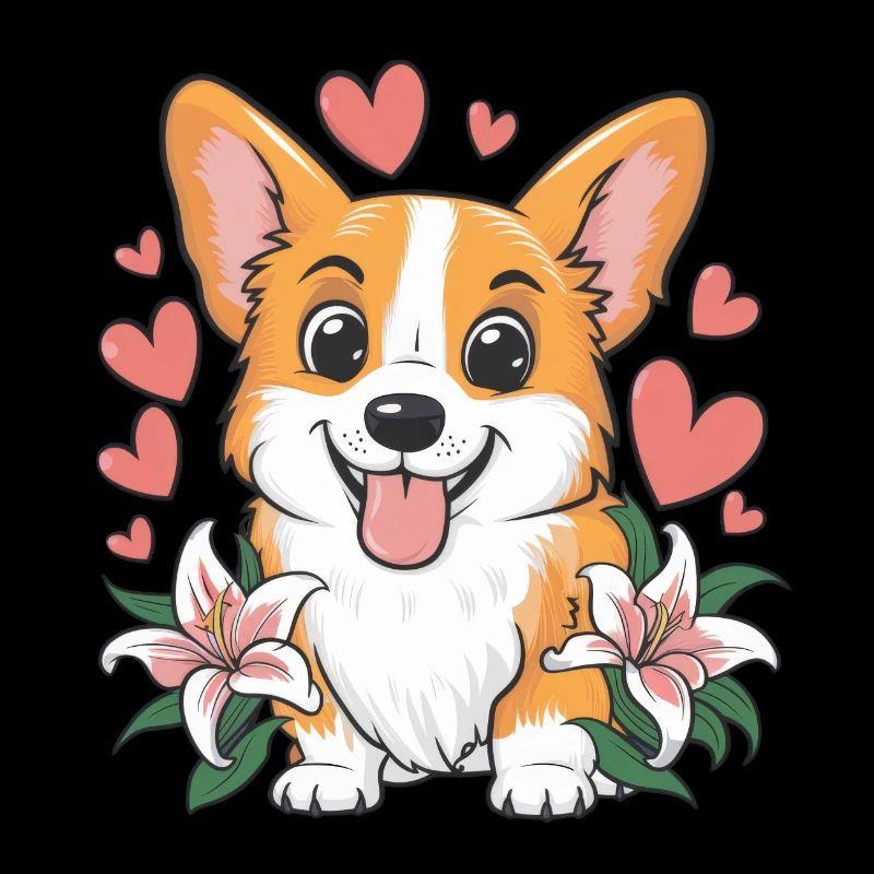 Mignon corgi de dessin animé avec des lys et des coeurs
