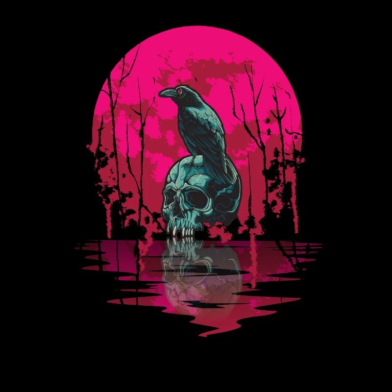Gothic Skull Red Moon Black Crow