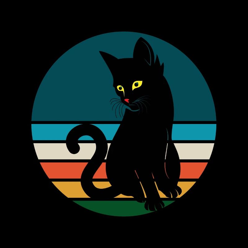Black Cat Sitting Retro Sunset