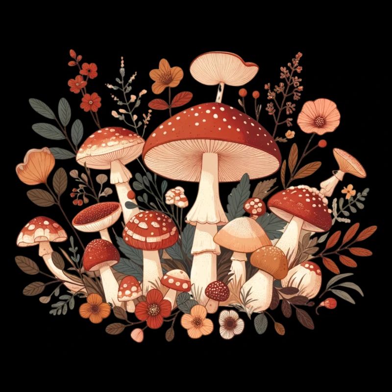 CottageCore mushroom design with different mushrooms