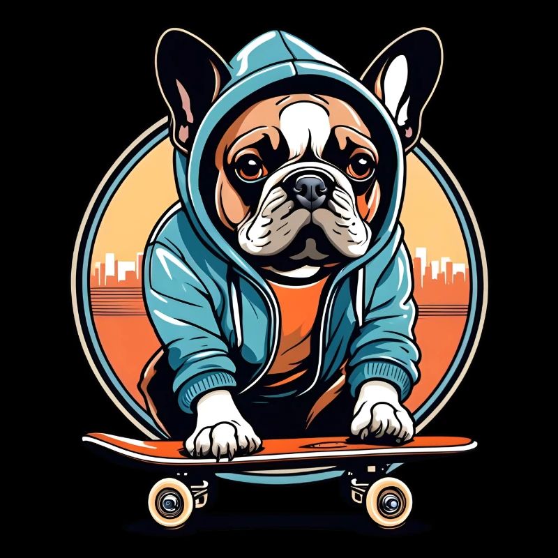 Boston Terrier trägt einen Kapuzenpullover auf einem Skateboard.