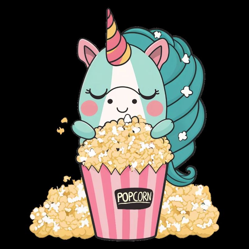 Buntes, süßes Einhorn isst leckeres Butter-Popcorn