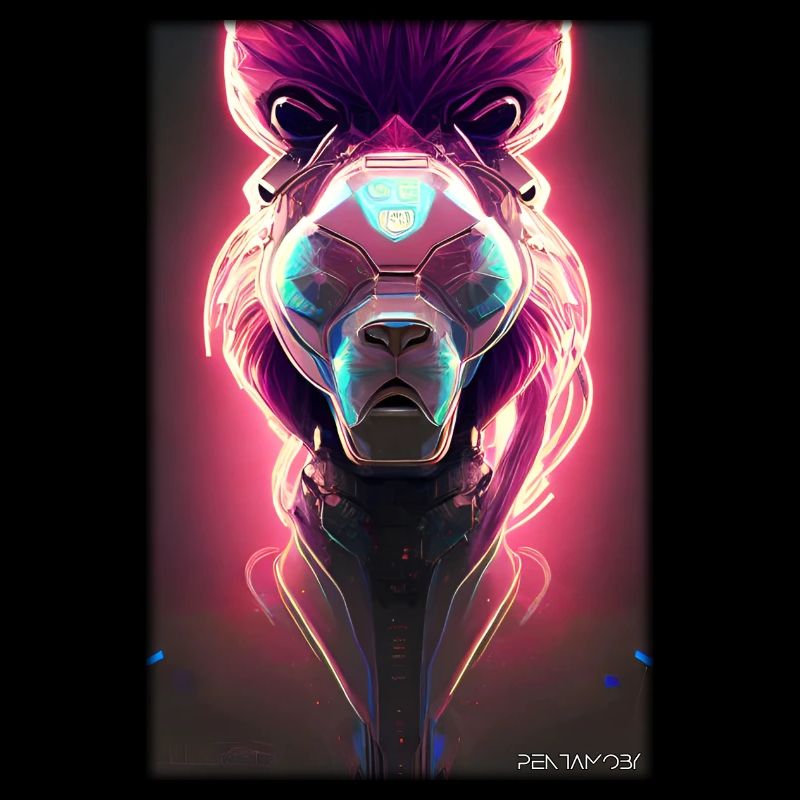 Lion Big Cat Cyber Neon Punk Future Sci-Fi