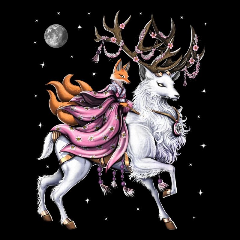 Japanese Kitsune Fox Riding Cherry Blossom Deer