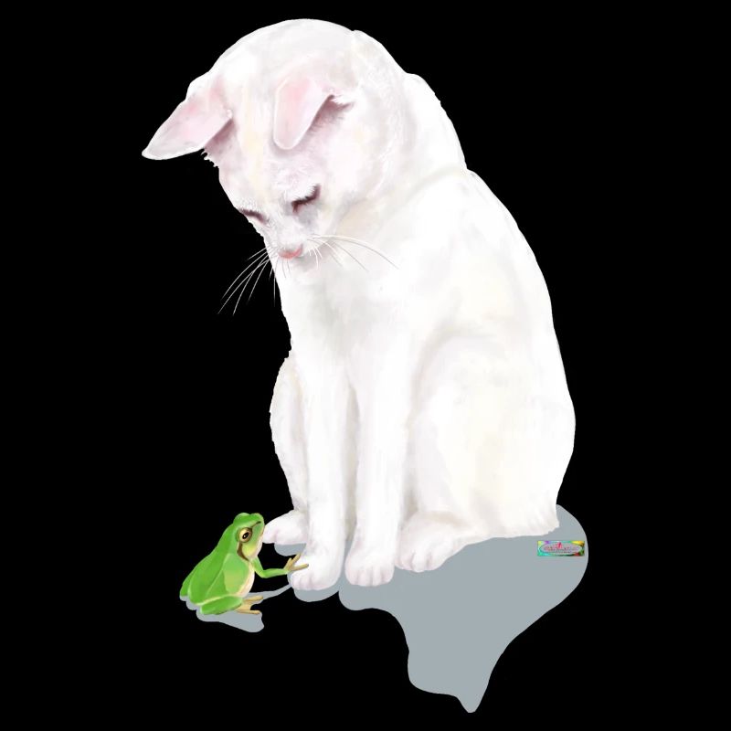 Chat blanc avec grenouille verte