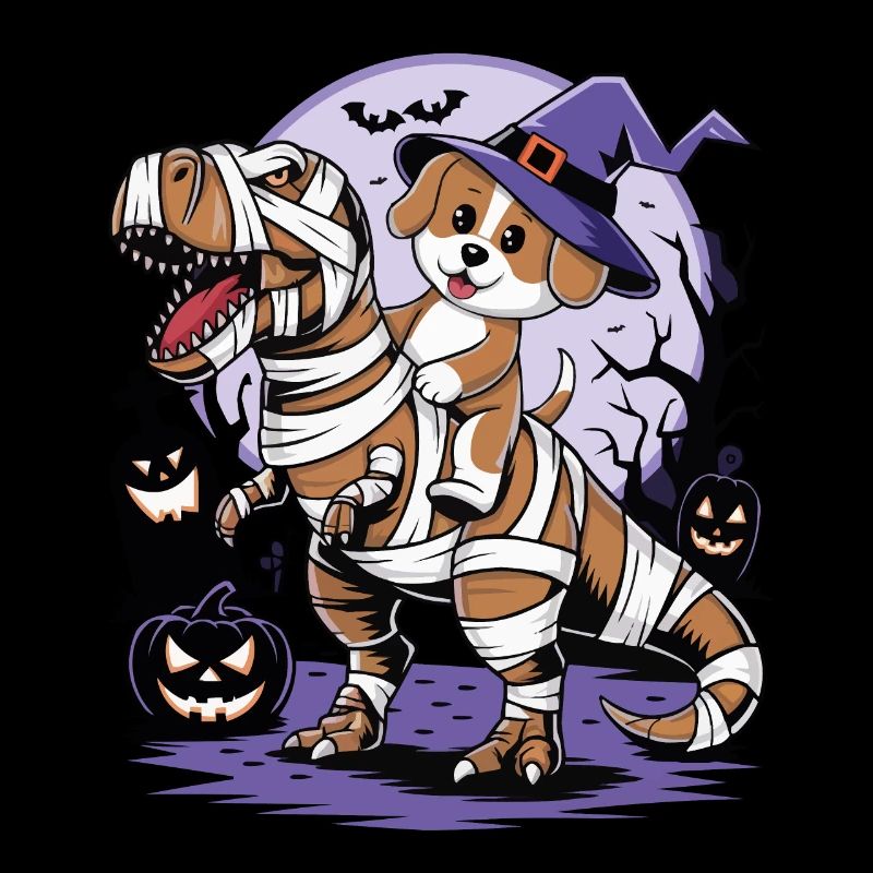 Süßer Hund reitet einen Dinosaurier an Halloween