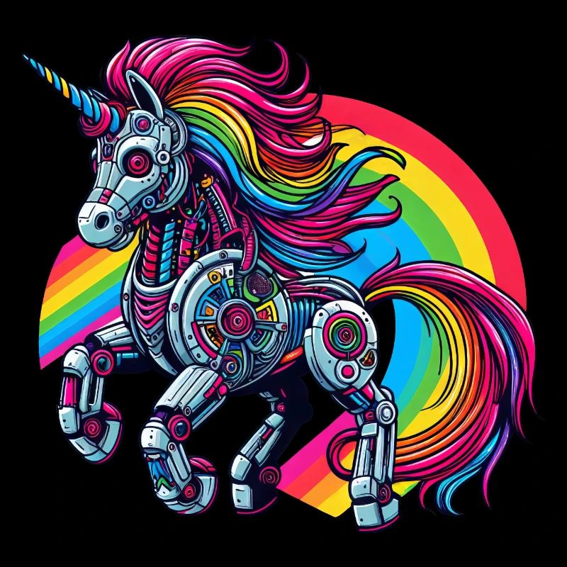 Licorne cyborg avec arc-en-ciel