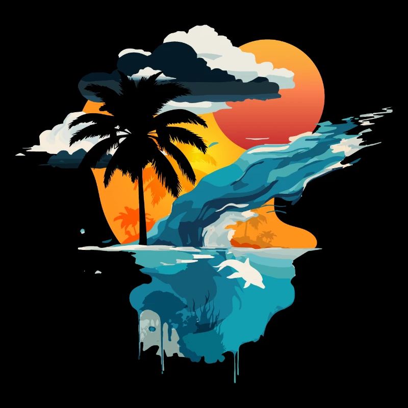 Coucher de soleil au bord de la mer - soleil, mer et palmier