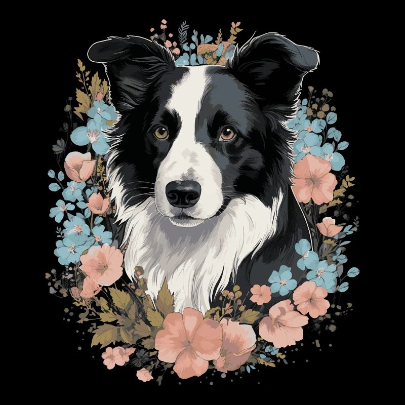Chien Border Collie et fleurs