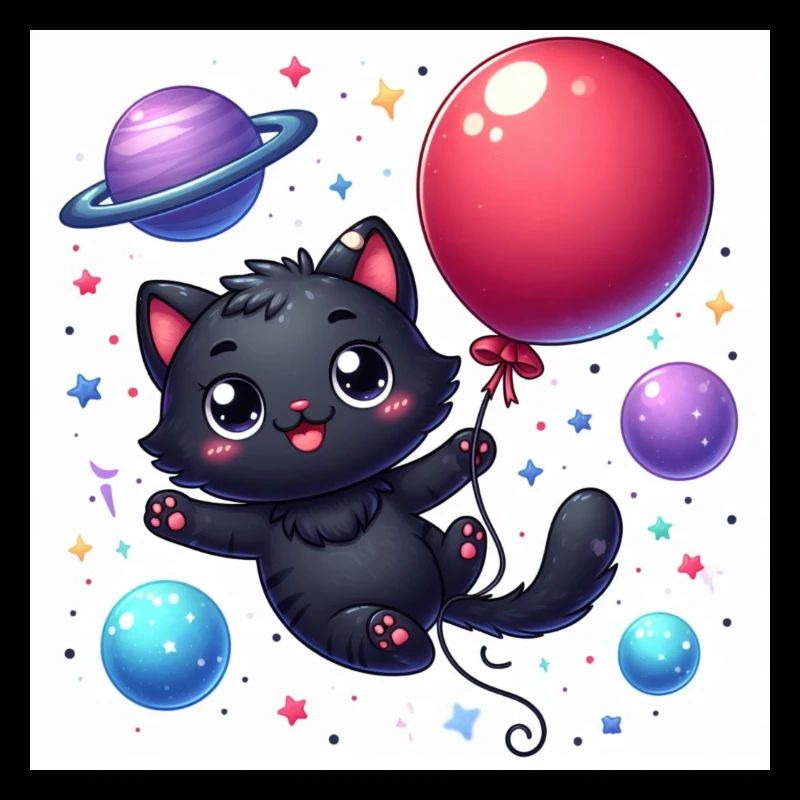 Space Kitty with red balloon in space