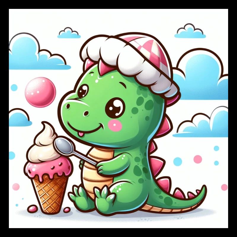 Dino mit Mütze und Eiswaffel