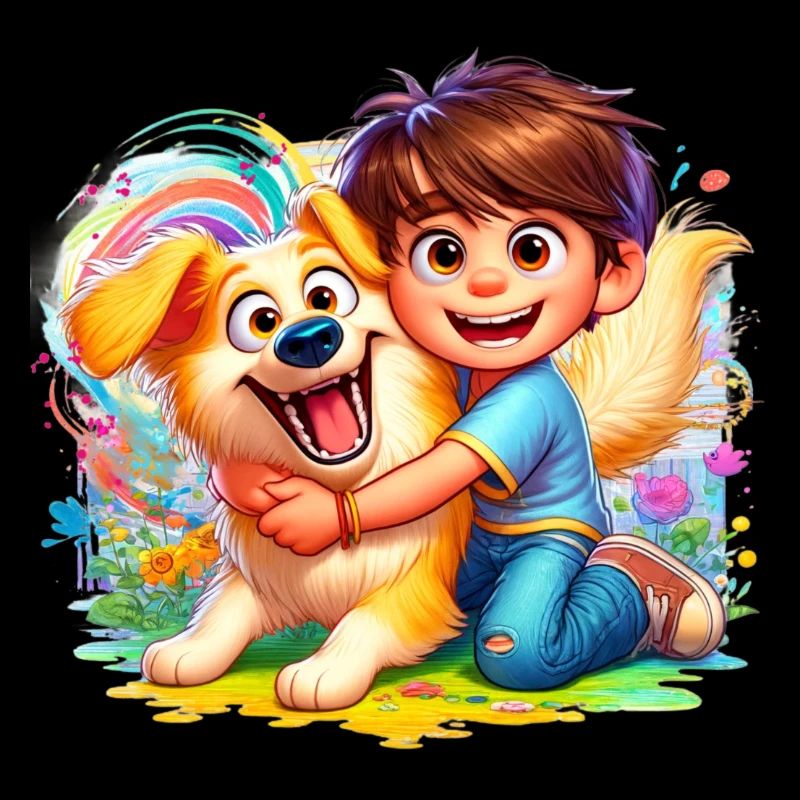 Junge mit seinem bunten süßen Hund