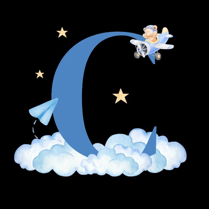 Letter c blue clouds airplane child